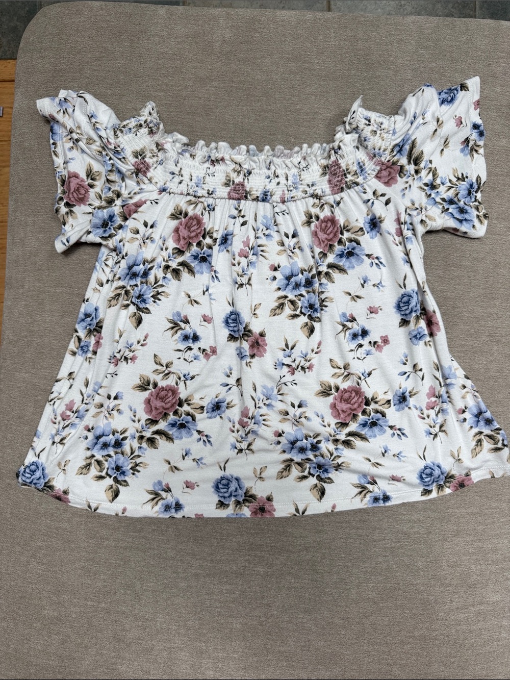 American Eagle Outfitters White Off-Shoulder Top with Pink & Blue Floral Print